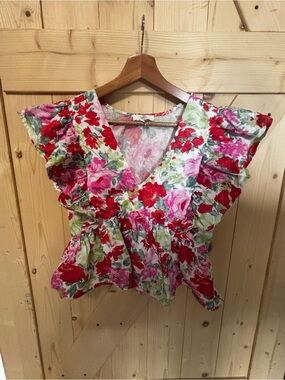 entro Floral V-Neck Peplum Blouse in Red, Pink & Green